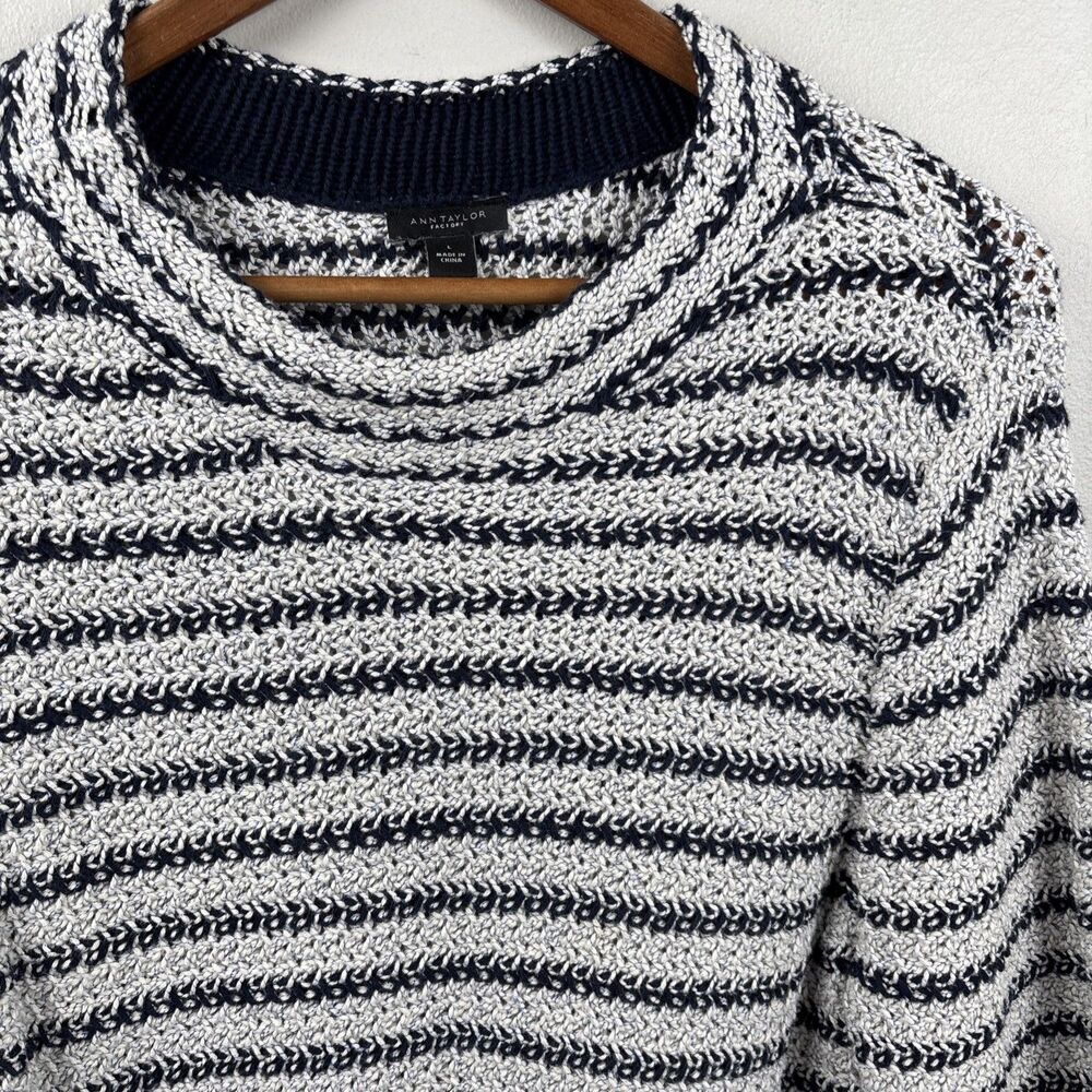 Ann Taylor Factory Striped Cotton Sweater LARGE Top Variegate Blue White Texture